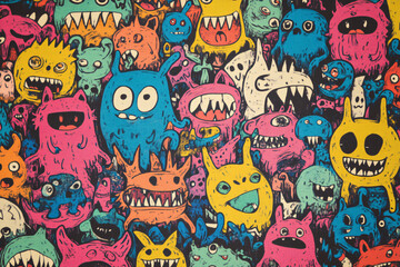Fototapeta premium A vibrant collage of cartoon monsters in various colors with exaggerated expressions and whimsical designs creating a playful and chaotic scene