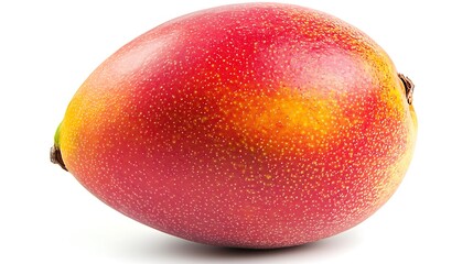 A single, ripe mango with a red skin and a yellow undertone sits on a white background.