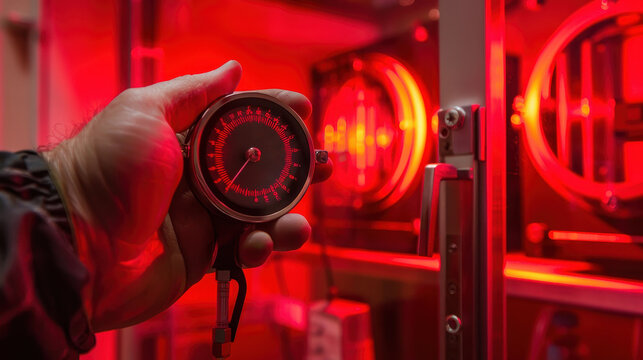 Close-up of hand holding a stopwatch in a red-lit laboratory setting with various scientific instruments and equipment in the background.