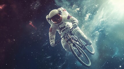astronaut rides a bicycle in the milky way space