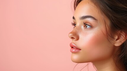 Fototapeta premium Young woman with natural makeup and freckled skin poses against a soft pink background