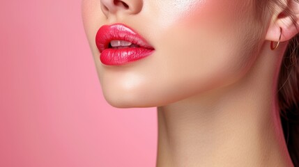 Obraz premium Close-up of a woman's lips with vibrant red lipstick against a pink background