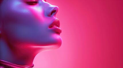 Portrait of a woman with dramatic lighting, showcasing vibrant pink and blue tones