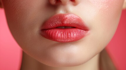 Fototapeta premium Close-up of a woman’s lips showcasing soft pink lipstick against a vibrant background
