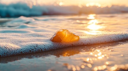 Amber stone lying on sandy seashore with gentle sea waves touching it, warm sunlight reflecting off the water, creating a serene and peaceful atmosphere