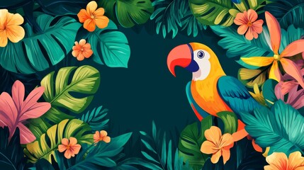 Colorful tropical illustration featuring a parrot with vibrant flowers and lush green leaves, with a large blank space in the middle