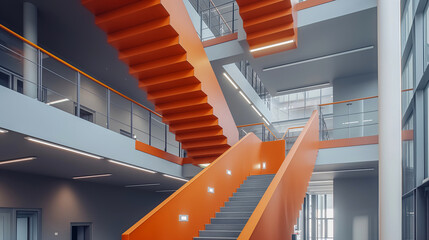 A modern staircase with bright orange walls and railings, leading up to a higher floor in a contemporary building.
