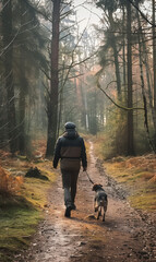 Fototapeta premium A man with his pet in the park walking happily, a person walking down a forest path with their dog on a leash. The scene is set in a misty, dense forest, with tall trees on either side of the path. 