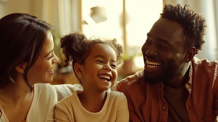 Happy multicultural family enjoying quality time together, joyful moment with parents and daughter at home