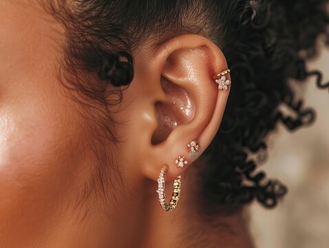 Close-up of Stylish Multiple Ear Piercings with Elegant Gold and Diamond Earrings