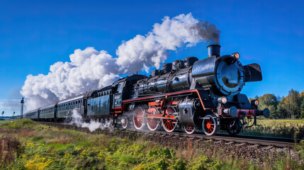 Naklejka premium Classic steam locomotive chugging through the countryside on a sunny day, emitting clouds of white smoke