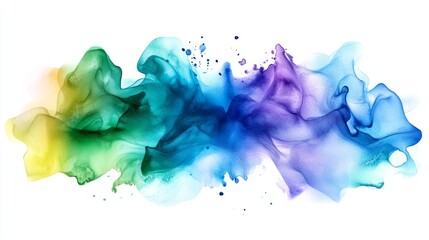 Abstract watercolor splash in shades of blue, green, and purple on a white background