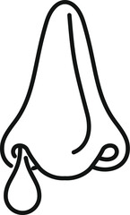 Simple black and white vector illustration of a human nose with a drop of mucus coming out of one nostril