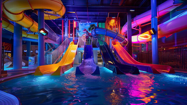 Vibrant indoor waterpark with colorful illuminated water slides leading into a sparkling pool