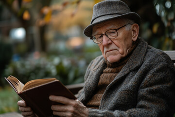 Fototapeta premium An elderly man sitting on a bench in the garden, reading a book and enjoying the peaceful surroundings.