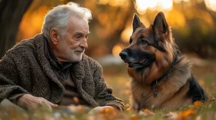An elderly man playing with his dog in the backyard, enjoying the playful interaction and the companionship.