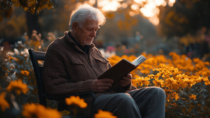 An elderly man sitting on a bench in the garden, reading a book and enjoying the peaceful surroundings.