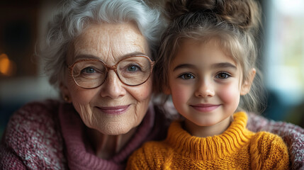 An elderly woman teaching her granddaughter how to knit, both of them enjoying the process and the time spent together.