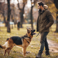 A man with his pet in the park walking happily,  a person walking down a forest path with their dog on a leash. The scene is set in a misty, dense forest, with tall trees on either side of the path. 
