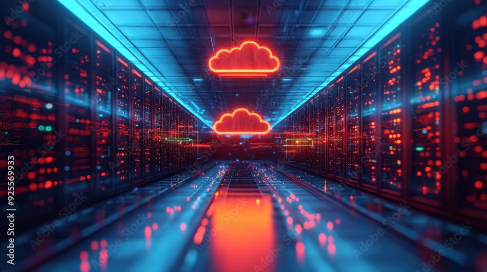 Poster a 3d rendering of a cloud migration process, with data moving from on-premise servers to the cloud.