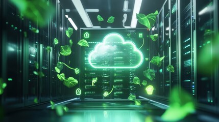 Obraz premium A 3D rendering of a cloud server surrounded by green energy symbols, representing eco-friendly cloud technology.