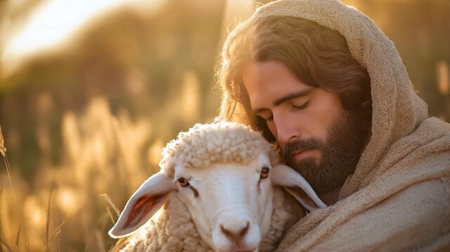 ancient Israeli man with a lamb in nature landscape 