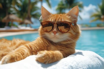 regal feline lounging on a luxurious poolside chaise sporting designer shades and holding a smartphone against a backdrop of tropical palms and azure waters