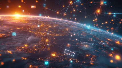 Fototapeta premium A 3D rendering of a global IoT network with interconnected devices and sensors.