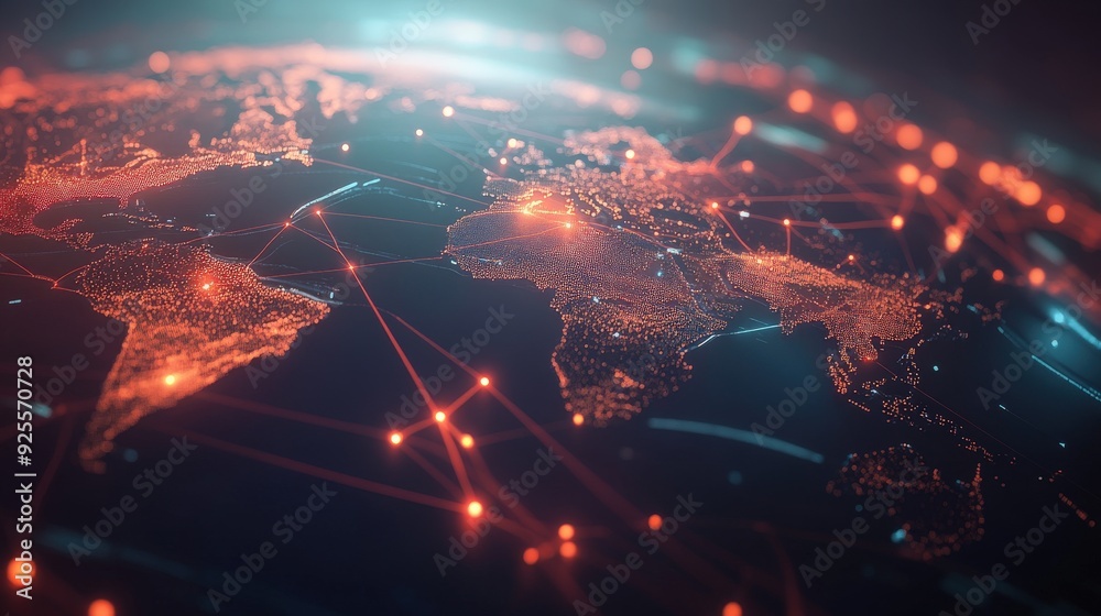 Poster a 3d rendering of a global network, with glowing lines connecting continents, symbolizing worldwide 