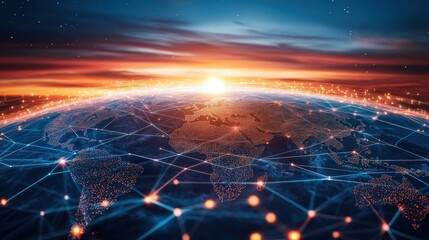 A 3D rendering of a global network, with glowing lines connecting continents, symbolizing worldwide connectivity through network technology.