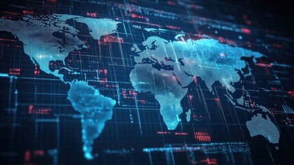 A 3D rendering of a world map with digital grids, symbolizing the global reach of the internet and technology.