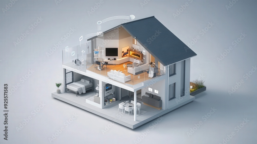 Poster a 3d rendering of an iot-enabled smart home with devices connected to a central hub.