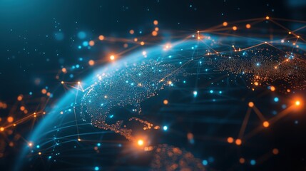 Fototapeta premium A 3D rendering of a digital globe with glowing lines connecting different parts, symbolizing global network technology.