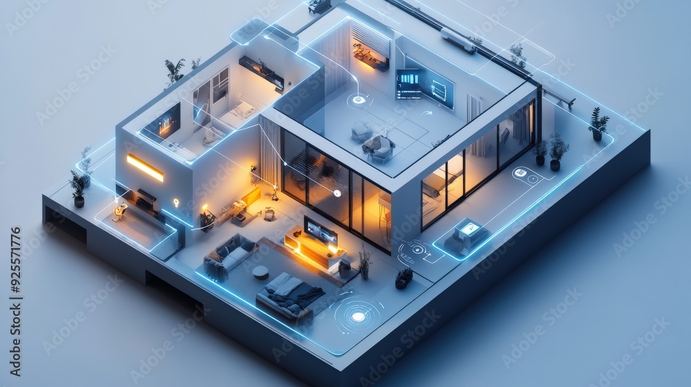 Poster a 3d rendering of an iot-enabled smart home with devices connected to a central hub.