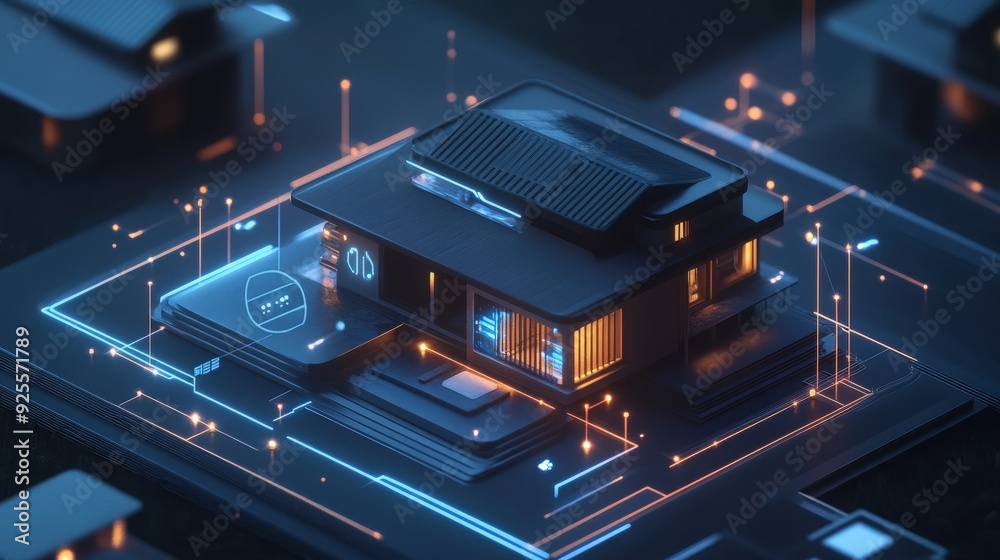 Poster a 3d rendering of an iot-enabled smart home with devices connected to a central hub.