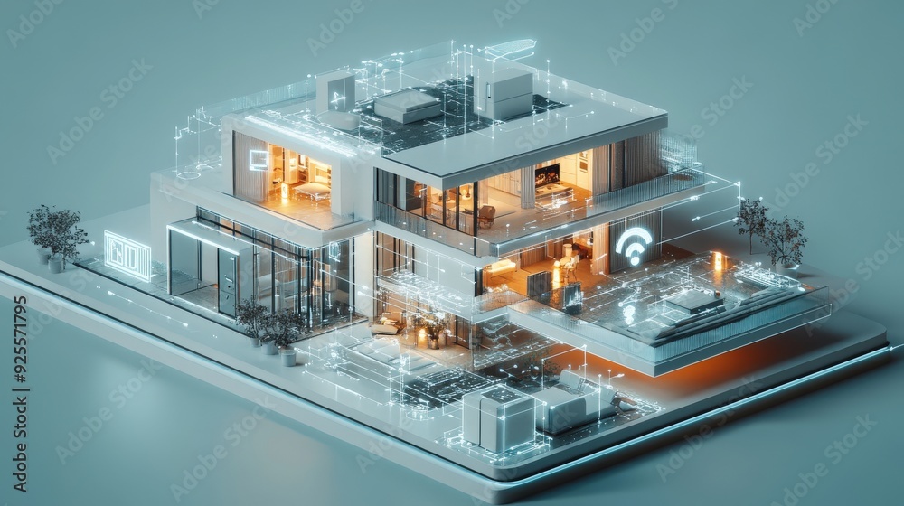 Poster a 3d rendering of an iot-enabled smart home with devices connected to a central hub.