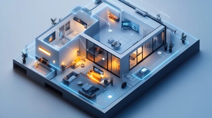 A 3D rendering of an IoT-enabled smart home with devices connected to a central hub.