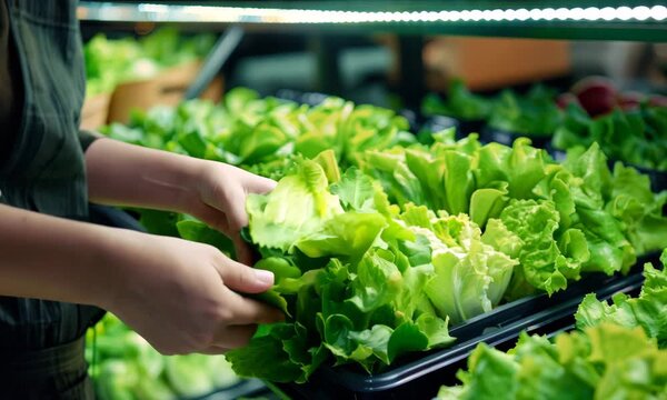 Young customer explores fresh lettuce selection at a local farm stand in autumn