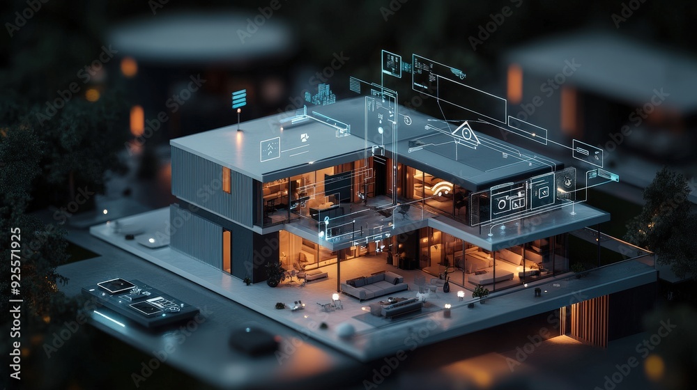 Poster a 3d rendering of an iot-enabled smart home with devices connected to a central hub.