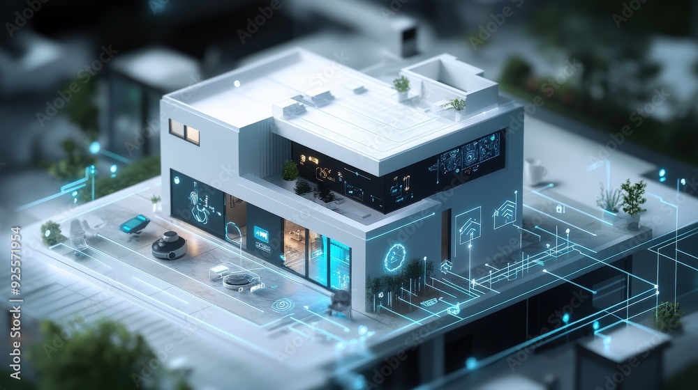 Poster a 3d rendering of an iot-enabled smart home with devices connected to a central hub.