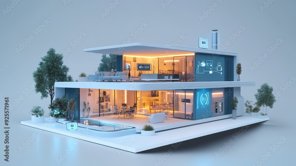 Poster a 3d rendering of an iot-enabled smart home with devices connected to a central hub.