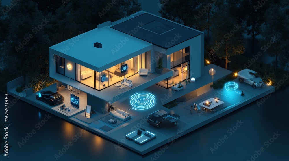 Poster a 3d rendering of an iot-enabled smart home with devices connected to a central hub.