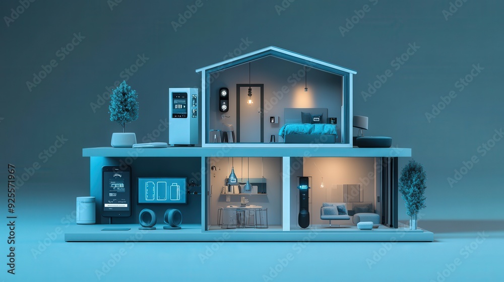 Poster a 3d rendering of an iot-enabled smart home with devices connected to a central hub.