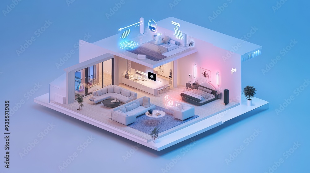 Poster a 3d rendering of an iot-enabled smart home with devices connected to a central hub.