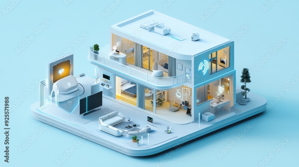 Poster a 3d rendering of an iot-enabled smart home with devices connected to a central hub.