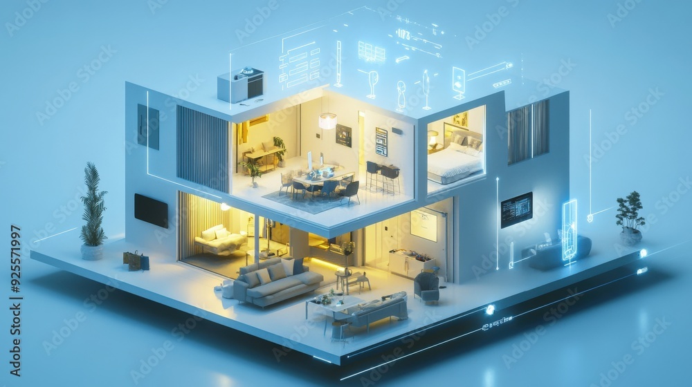 Poster a 3d rendering of an iot-enabled smart home with devices connected to a central hub.