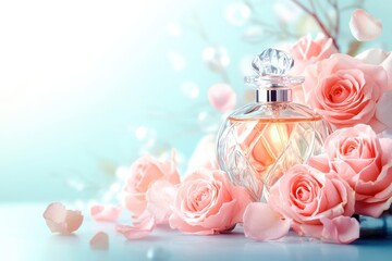 A beautiful glass perfume bottle sits gracefully among soft pink roses, illuminated by gentle morning light, creating a serene and elegant atmosphere