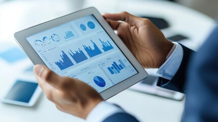 A business professional holding a tablet displaying a network services dashboard, with graphs and data visualizations.