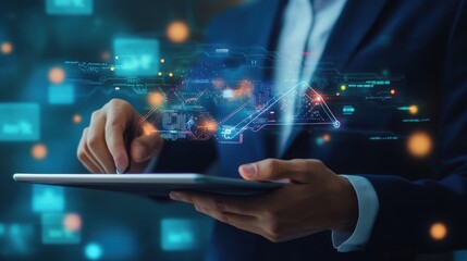 A business professional using a cloud data management tool on a tablet, surrounded by digital data streams.