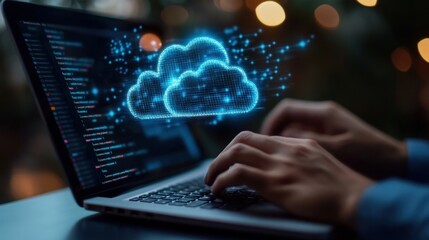 A business professional using a cloud migration tool on a laptop, with a digital cloud icon in the background.